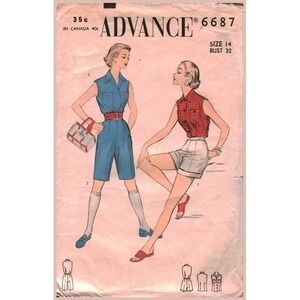Vintage Advance 6687 Sewing Pattern 1950s Misses Shirt Blouse Bermuda Shorts 14